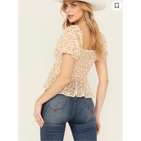 Ash & Violet Yellow White Daisy Floral Puff Sleeve Babydoll Smocked Top M Boho - Picture 4 of 11